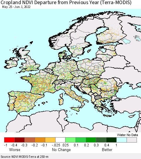 Europe Cropland NDVI Departure from Previous Year (Terra-MODIS) Thematic Map For 5/25/2022 - 6/1/2022