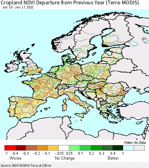 Europe Cropland NDVI Departure from Previous Year (Terra-MODIS) Thematic Map For 6/10/2022 - 6/17/2022