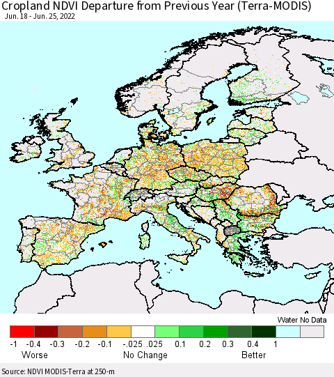 Europe Cropland NDVI Departure from Previous Year (Terra-MODIS) Thematic Map For 6/18/2022 - 6/25/2022