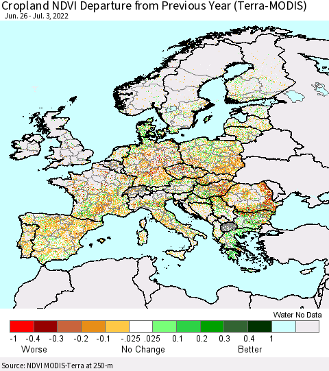 Europe Cropland NDVI Departure from Previous Year (Terra-MODIS) Thematic Map For 6/26/2022 - 7/3/2022