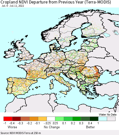 Europe Cropland NDVI Departure from Previous Year (Terra-MODIS) Thematic Map For 7/4/2022 - 7/11/2022