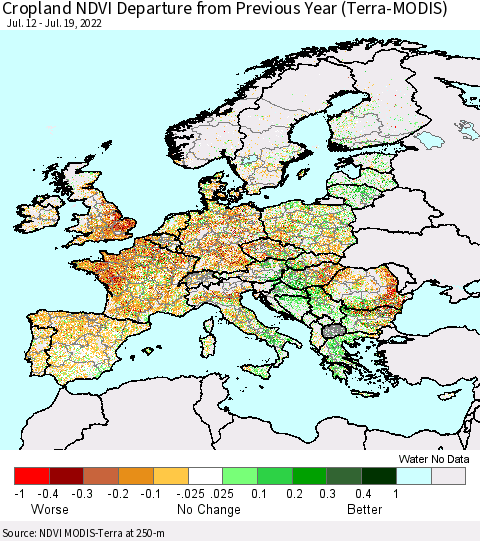 Europe Cropland NDVI Departure from Previous Year (Terra-MODIS) Thematic Map For 7/12/2022 - 7/19/2022