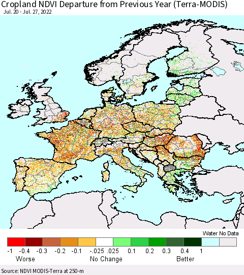 Europe Cropland NDVI Departure from Previous Year (Terra-MODIS) Thematic Map For 7/20/2022 - 7/27/2022