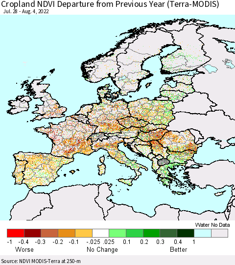 Europe Cropland NDVI Departure from Previous Year (Terra-MODIS) Thematic Map For 7/28/2022 - 8/4/2022