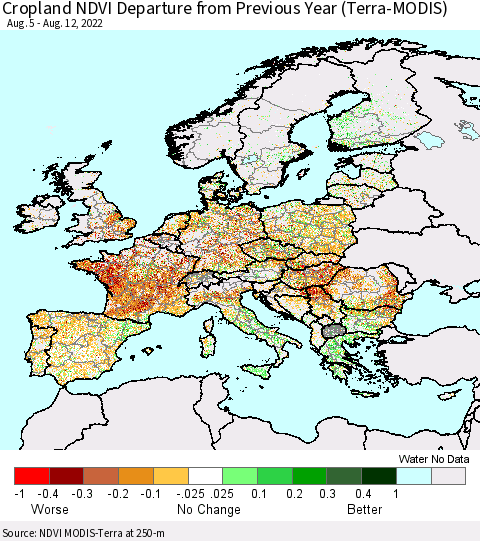 Europe Cropland NDVI Departure from Previous Year (Terra-MODIS) Thematic Map For 8/5/2022 - 8/12/2022