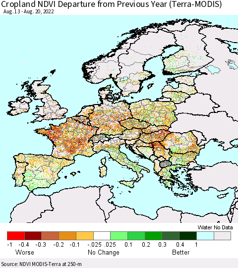 Europe Cropland NDVI Departure from Previous Year (Terra-MODIS) Thematic Map For 8/13/2022 - 8/20/2022