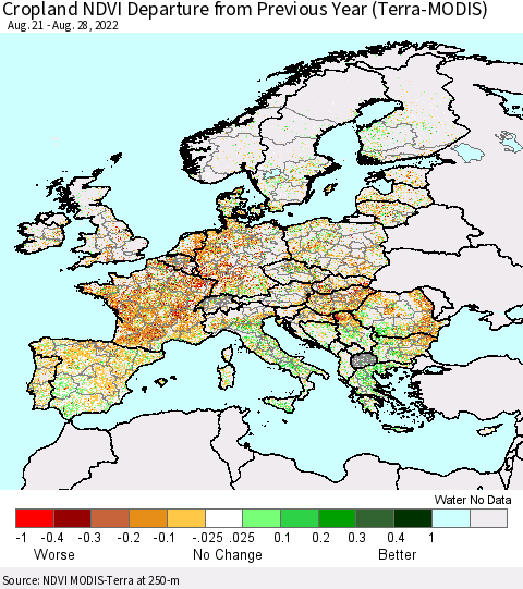 Europe Cropland NDVI Departure from Previous Year (Terra-MODIS) Thematic Map For 8/21/2022 - 8/28/2022