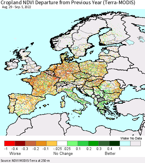 Europe Cropland NDVI Departure from Previous Year (Terra-MODIS) Thematic Map For 8/29/2022 - 9/5/2022