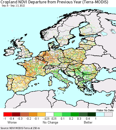Europe Cropland NDVI Departure from Previous Year (Terra-MODIS) Thematic Map For 9/6/2022 - 9/13/2022