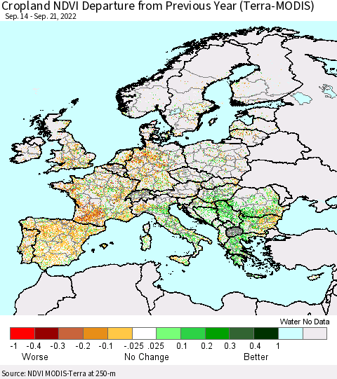 Europe Cropland NDVI Departure from Previous Year (Terra-MODIS) Thematic Map For 9/14/2022 - 9/21/2022