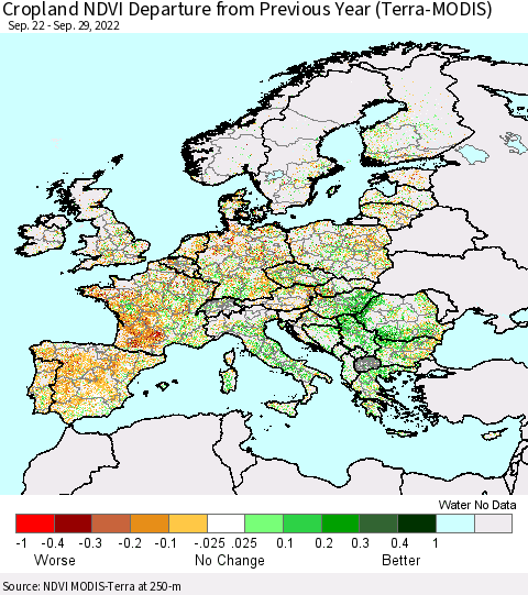 Europe Cropland NDVI Departure from Previous Year (Terra-MODIS) Thematic Map For 9/22/2022 - 9/29/2022