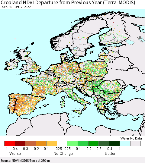Europe Cropland NDVI Departure from Previous Year (Terra-MODIS) Thematic Map For 9/30/2022 - 10/7/2022