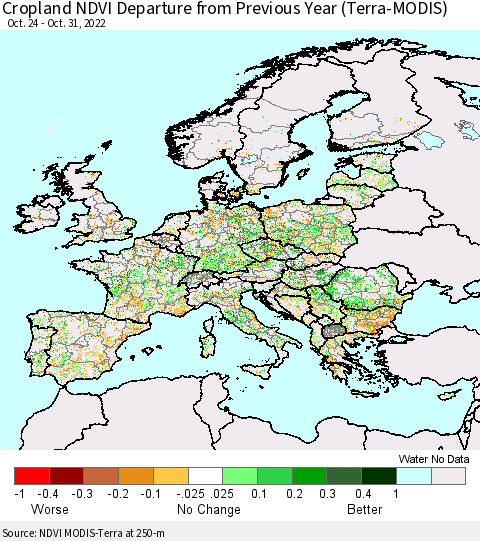 Europe Cropland NDVI Departure from Previous Year (Terra-MODIS) Thematic Map For 10/24/2022 - 10/31/2022