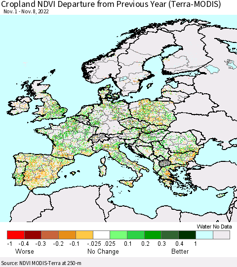 Europe Cropland NDVI Departure from Previous Year (Terra-MODIS) Thematic Map For 11/1/2022 - 11/8/2022