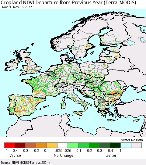 Europe Cropland NDVI Departure from Previous Year (Terra-MODIS) Thematic Map For 11/9/2022 - 11/16/2022