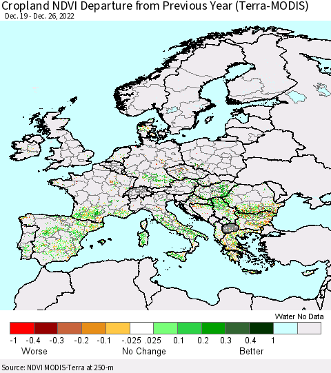 Europe Cropland NDVI Departure from Previous Year (Terra-MODIS) Thematic Map For 12/19/2022 - 12/26/2022