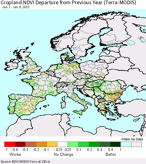 Europe Cropland NDVI Departure from Previous Year (Terra-MODIS) Thematic Map For 1/1/2023 - 1/8/2023