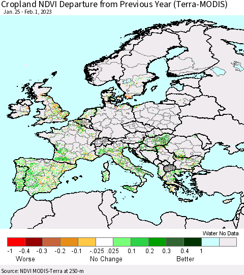 Europe Cropland NDVI Departure from Previous Year (Terra-MODIS) Thematic Map For 1/25/2023 - 2/1/2023