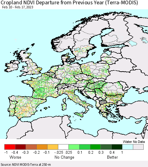 Europe Cropland NDVI Departure from Previous Year (Terra-MODIS) Thematic Map For 2/10/2023 - 2/17/2023