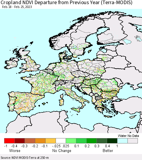 Europe Cropland NDVI Departure from Previous Year (Terra-MODIS) Thematic Map For 2/18/2023 - 2/25/2023