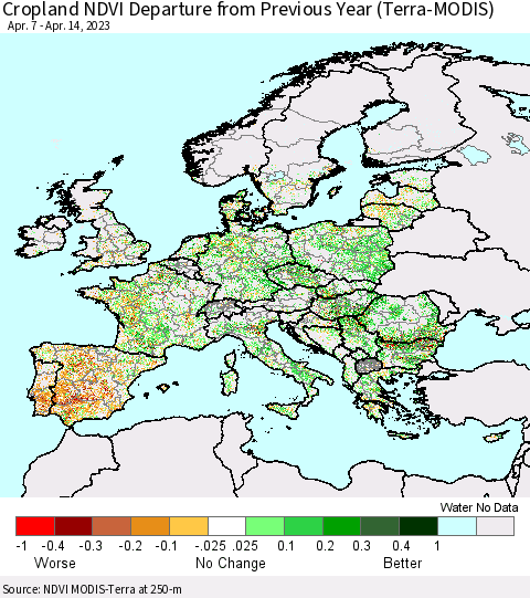 Europe Cropland NDVI Departure from Previous Year (Terra-MODIS) Thematic Map For 4/7/2023 - 4/14/2023