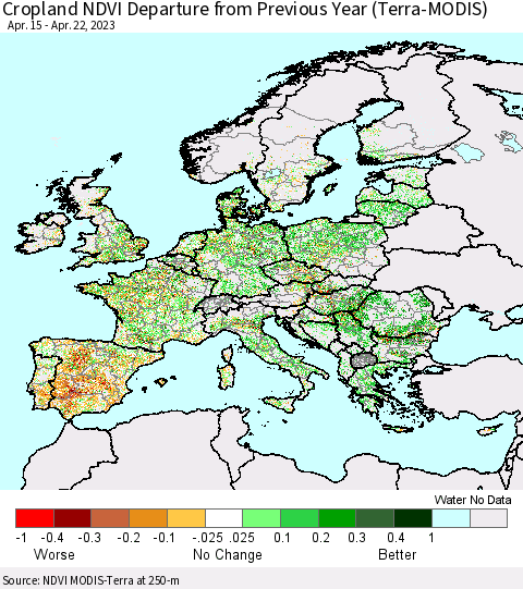 Europe Cropland NDVI Departure from Previous Year (Terra-MODIS) Thematic Map For 4/15/2023 - 4/22/2023