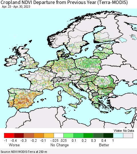 Europe Cropland NDVI Departure from Previous Year (Terra-MODIS) Thematic Map For 4/23/2023 - 4/30/2023