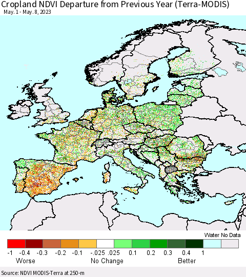 Europe Cropland NDVI Departure from Previous Year (Terra-MODIS) Thematic Map For 5/1/2023 - 5/8/2023