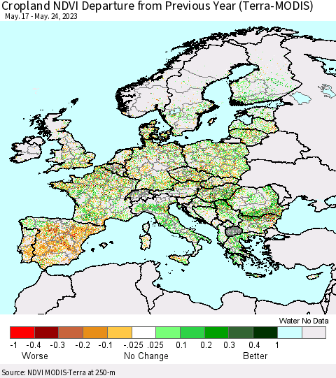 Europe Cropland NDVI Departure from Previous Year (Terra-MODIS) Thematic Map For 5/17/2023 - 5/24/2023