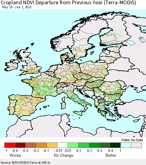Europe Cropland NDVI Departure from Previous Year (Terra-MODIS) Thematic Map For 5/25/2023 - 6/1/2023