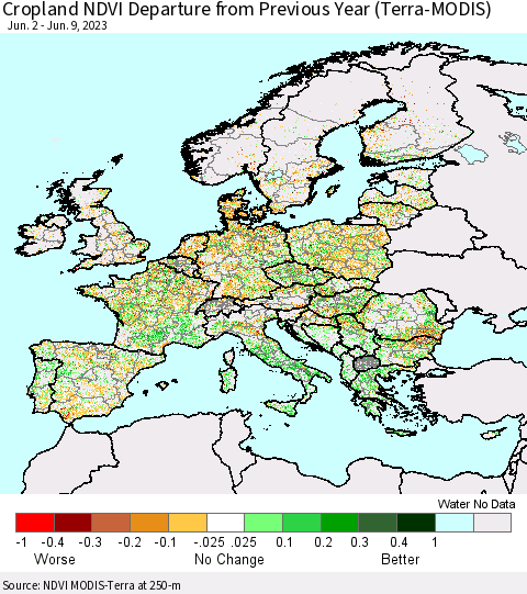 Europe Cropland NDVI Departure from Previous Year (Terra-MODIS) Thematic Map For 6/2/2023 - 6/9/2023