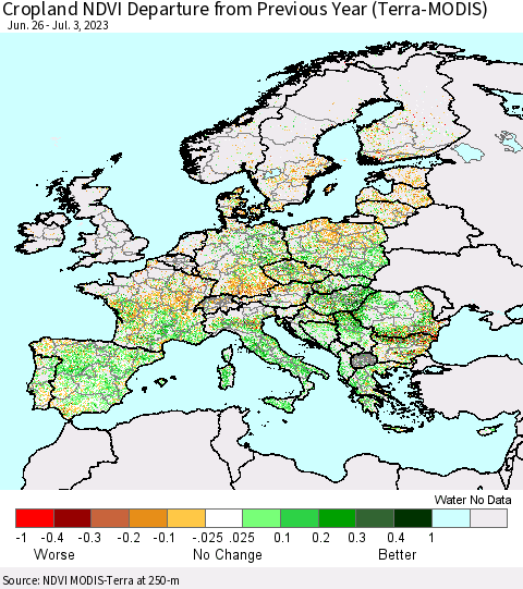 Europe Cropland NDVI Departure from Previous Year (Terra-MODIS) Thematic Map For 6/26/2023 - 7/3/2023