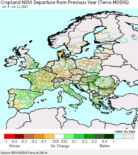 Europe Cropland NDVI Departure from Previous Year (Terra-MODIS) Thematic Map For 7/4/2023 - 7/11/2023