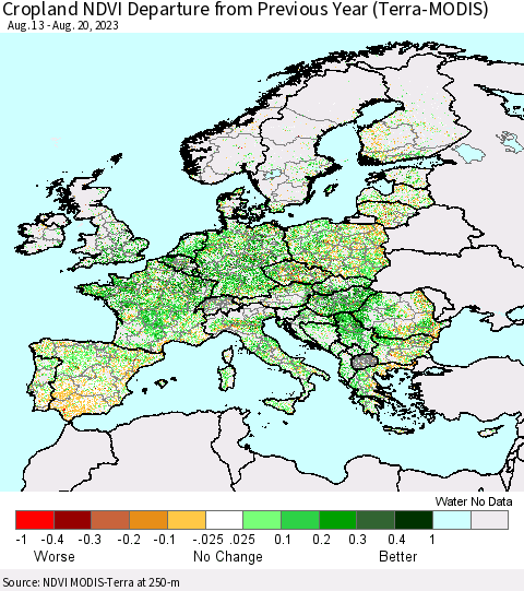 Europe Cropland NDVI Departure from Previous Year (Terra-MODIS) Thematic Map For 8/13/2023 - 8/20/2023