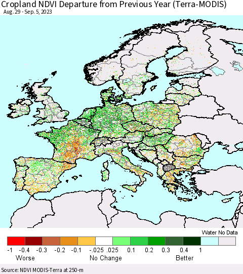 Europe Cropland NDVI Departure from Previous Year (Terra-MODIS) Thematic Map For 8/29/2023 - 9/5/2023