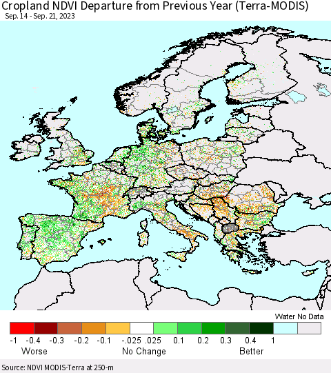 Europe Cropland NDVI Departure from Previous Year (Terra-MODIS) Thematic Map For 9/14/2023 - 9/21/2023