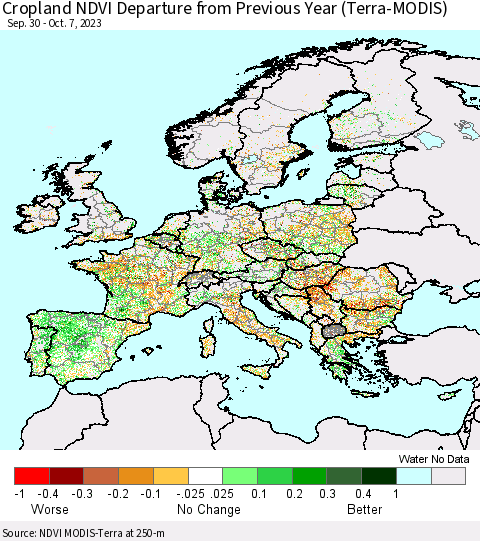 Europe Cropland NDVI Departure from Previous Year (Terra-MODIS) Thematic Map For 9/30/2023 - 10/7/2023
