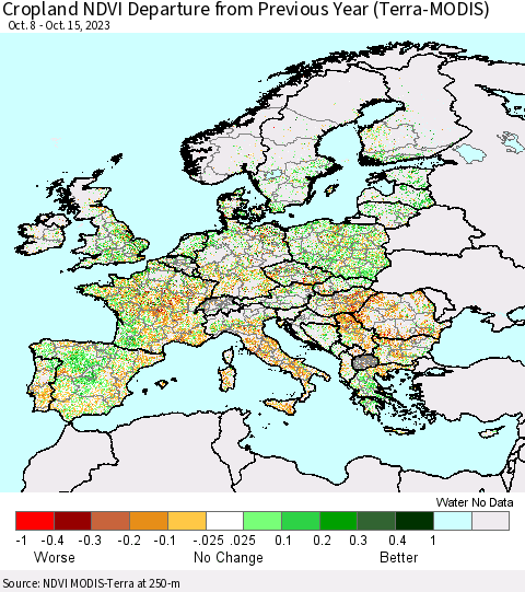 Europe Cropland NDVI Departure from Previous Year (Terra-MODIS) Thematic Map For 10/8/2023 - 10/15/2023