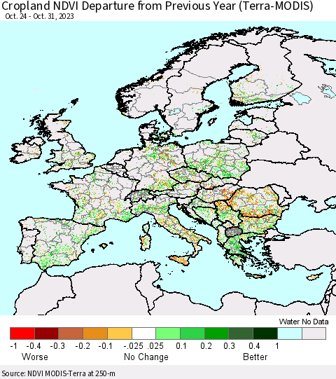 Europe Cropland NDVI Departure from Previous Year (Terra-MODIS) Thematic Map For 10/24/2023 - 10/31/2023