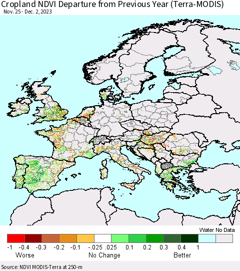 Europe Cropland NDVI Departure from Previous Year (Terra-MODIS) Thematic Map For 11/25/2023 - 12/2/2023