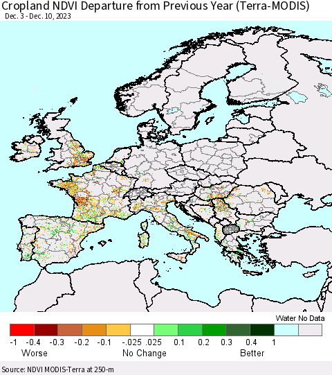 Europe Cropland NDVI Departure from Previous Year (Terra-MODIS) Thematic Map For 12/3/2023 - 12/10/2023