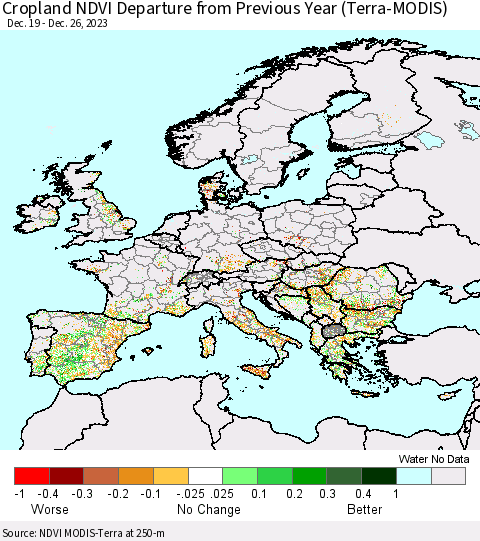 Europe Cropland NDVI Departure from Previous Year (Terra-MODIS) Thematic Map For 12/19/2023 - 12/26/2023