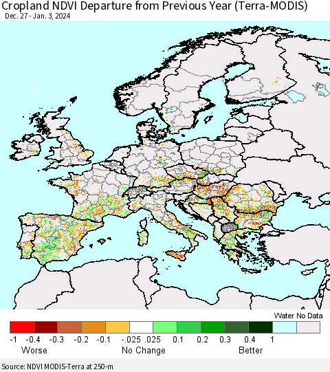 Europe Cropland NDVI Departure from Previous Year (Terra-MODIS) Thematic Map For 12/27/2023 - 1/3/2024