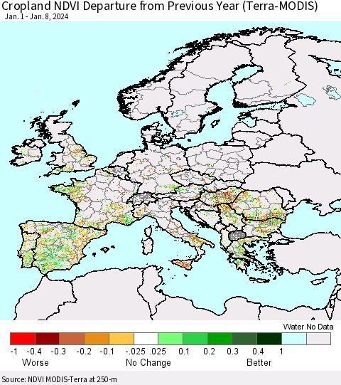 Europe Cropland NDVI Departure from Previous Year (Terra-MODIS) Thematic Map For 1/1/2024 - 1/8/2024