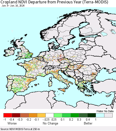 Europe Cropland NDVI Departure from Previous Year (Terra-MODIS) Thematic Map For 1/9/2024 - 1/16/2024