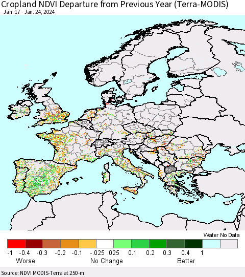 Europe Cropland NDVI Departure from Previous Year (Terra-MODIS) Thematic Map For 1/17/2024 - 1/24/2024