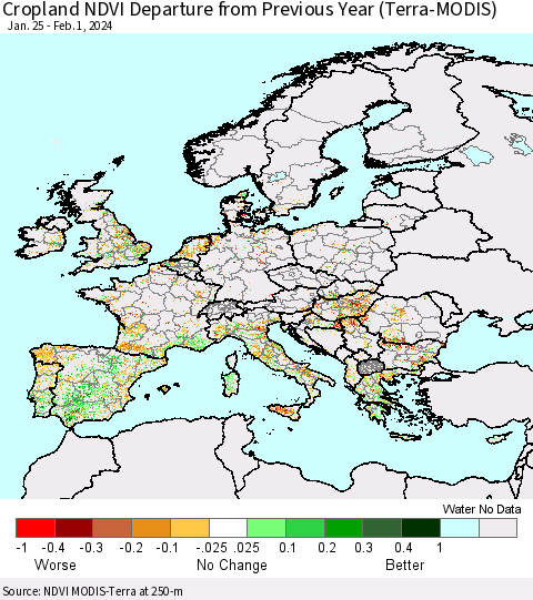 Europe Cropland NDVI Departure from Previous Year (Terra-MODIS) Thematic Map For 1/25/2024 - 2/1/2024