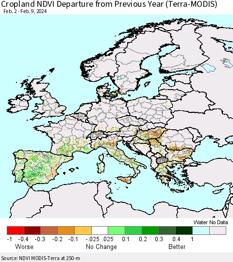 Europe Cropland NDVI Departure from Previous Year (Terra-MODIS) Thematic Map For 2/2/2024 - 2/9/2024