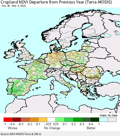 Europe Cropland NDVI Departure from Previous Year (Terra-MODIS) Thematic Map For 2/26/2024 - 3/4/2024