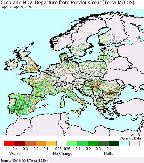 Europe Cropland NDVI Departure from Previous Year (Terra-MODIS) Thematic Map For 4/14/2024 - 4/21/2024